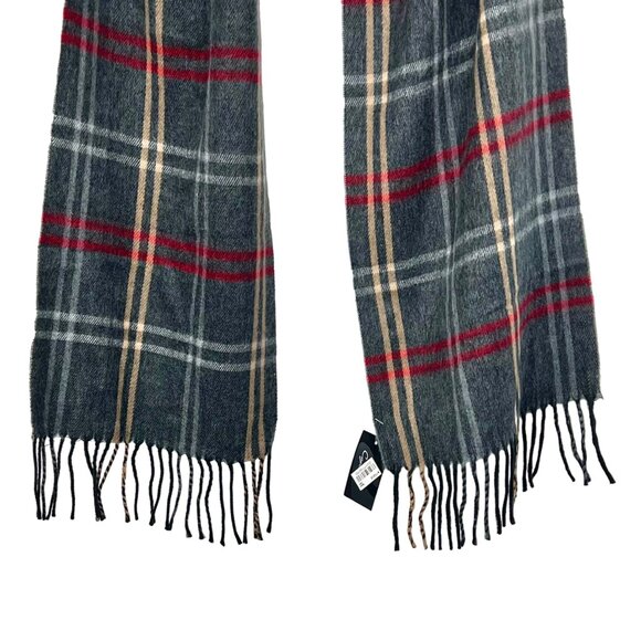 Cejon Plaid Fringe Scarf Charcoal Red Beige 100% Acrylic Italy Unisex NWT's - Picture 2 of 7